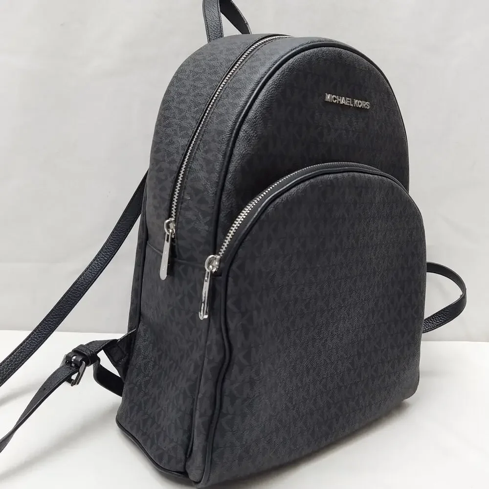 Michael Kors Black Coated Canvas Leather Trim MK Printed Zipper Backpack
